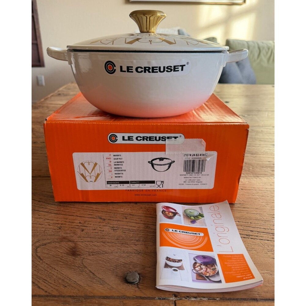 Le Creuset Enameled Cast Iron Art Deco Soup Pot Marmite White 3.5 qt 9.5 in NEW